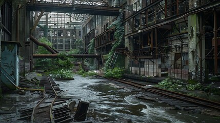 A river winding through an abandoned factory, conveyor belts and machinery half-submerged.