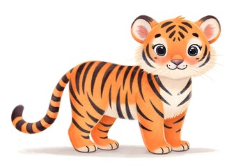 Cute cartoon tiger cub with orange and black stripes
