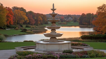 Autumnal fountain, lake, and estate