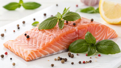 A close-up of a raw salmon steak, showing its texture and natural, vibrant color.