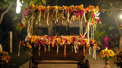Cultural ceremony involving stringing flowers and decorating a wooden cart 