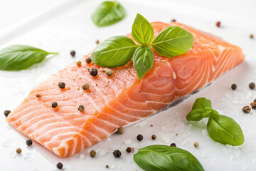 An appetizing photo of raw salmon with fresh basil and peppercorns on a white surface.