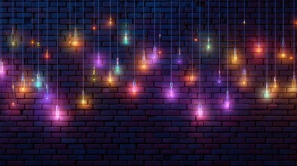 A neon wall of bricks, adorned with hanging lights, in a fantastical style, suitable for a mobile wallpaper. The scene is bright and shining, glowing light