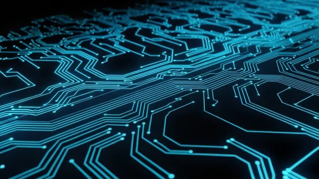 Exploring Intricate Circuit Patterns With Glowing Blue Lines in a High-Tech Setting