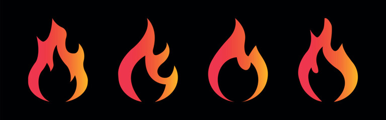 Fire Icons Collection with Gradient Vector Flat Design. Fiery, Flame, Flammable Symbols on Black Background. Bonfire Silhouette for Logo, Corporate Style and Web.	