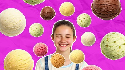 Smiling teenage girl stands with her eyes closed, many ice cream balls of different flavors fly around her. Ice cream concept. Stop motion animation on pink paper background