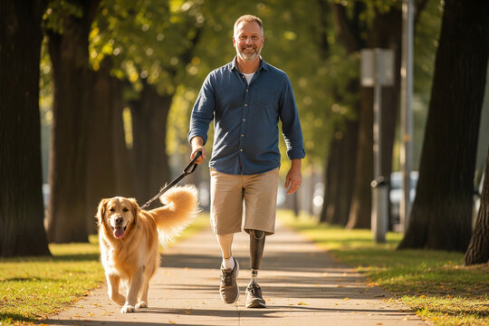 Smiling Man with Prosthetic Leg Walks Golden Retriever in Park