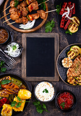 Assortment of grilled bbq meat and vegetables