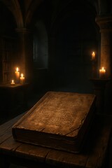 Ancient, weathered book illuminated by flickering candlelight in a dimly lit, atmospheric library setting.