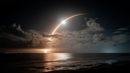 night sky with a pale yellow glowing ring in it, a rocket flying across and leaving behind trails