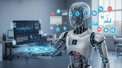 Futuristic Robot Showcases Advanced Technology in Office Setting During Daytime - Powered by Adobe