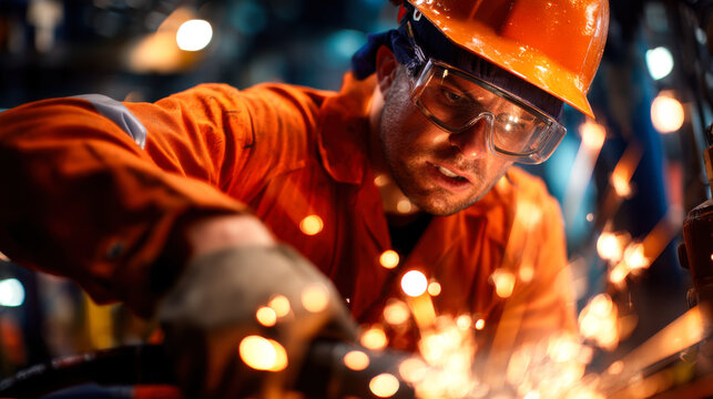 Skilled maintenance engineer working with sparks flying, wearing safety gear and orange uniform, focused on task
