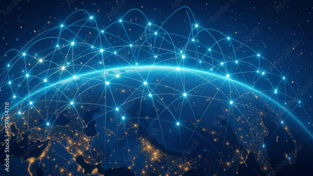 Poster global network connection over europe with bright lights and dynamic data flow representation