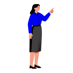 Flat illustration of a woman pointing at a rising graph. Minimal style, solid colors, white background. Business and data theme.