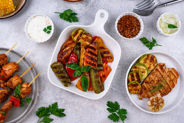 Assortment of grilled bbq meat and vegetables