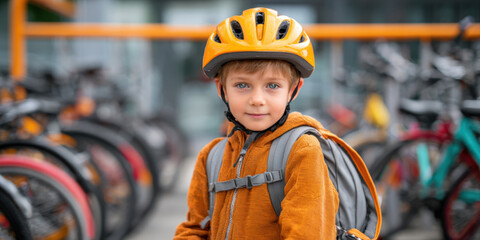 A young boy wearing orange helmet, backpack stands confidently in front, blurred parked bicycles. This image highlights themes of safety, independence, active transportation for school, recreation.