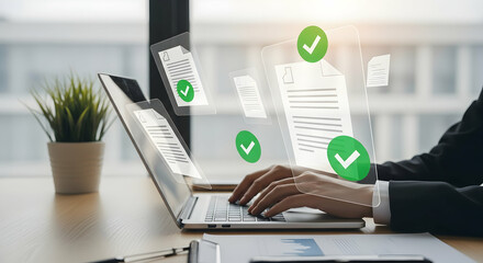 Preparation of documents. Documents and checkmark. Compliance and documentation. Hands typing on laptop computer keyboard. Businessman working at desk in office