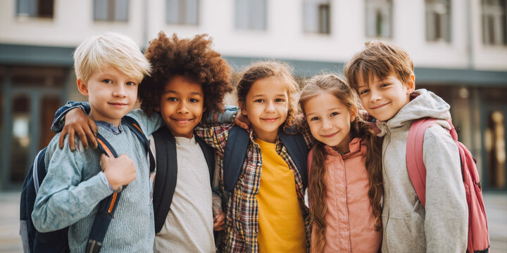 A group of happy, diverse elementary school children with backpacks stand close together, smiling at the camera outdoors. This image celebrates friendship, diversity, and the joy of going to school - Powered by Adobe