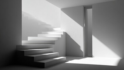 Fototapeta premium White staircase with light shining through, leading to an unseen higher floor