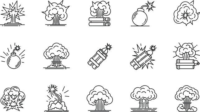 Explosion, detonation line icon set. Vector pictograms of blast, impact, explosive forces, bomb, dynamite, mushroom cloud, shockwave thin linear 