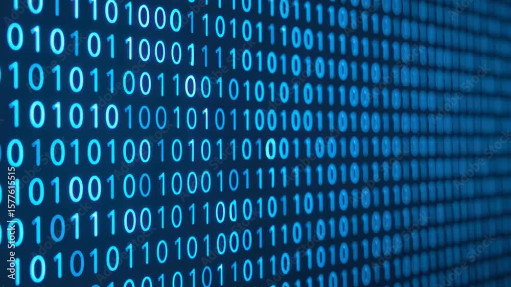 Poster glowing blue binary code background for digital technology and cybersecurity themes
