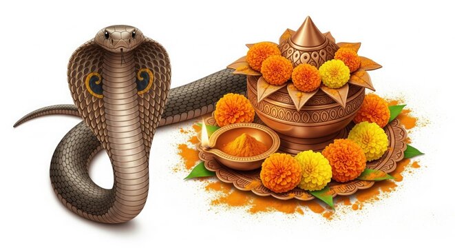 Naag Panchami Flatlay &ndash; Cobra with Kalash, Diya and Marigold