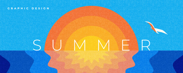 Abstract minimal summer poster, cover, banner, card with bright sun in the blue sky, the sea and modern typography. Summer holidays, journey, vacation travel illustration. Promo ads design template