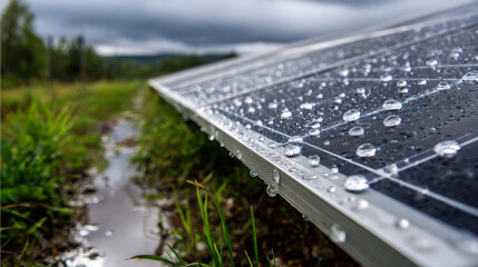 Close up view of solar panels with water droplets after rain, showcasing nature beauty and technology harmony