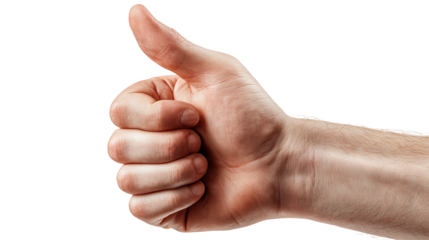 A man's hand in a thumbs-up position, which is used to indicate social acceptance and positive feedback, on a transparent background
