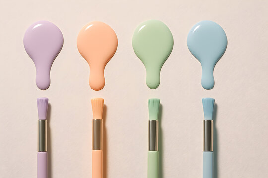 Pastel paint blobs and brushes in purple, peach, green, and blue are arranged on a neutral background for an art project.