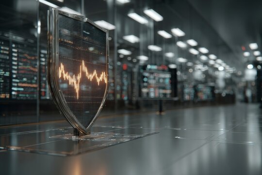 Financial Shield: The image is centered on a polished glass shield, embossed with a golden, dynamic financial chart, symbolizing security and resilience, set against the backdrop of a modern.