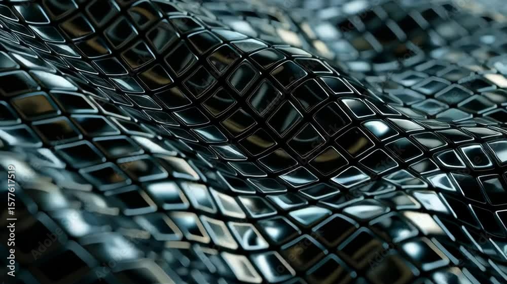 Poster reflective abstract surface with metallic tiles in wavy patterns and depth effect