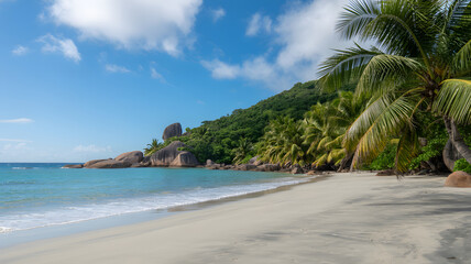 Seychelles paradise beach with turquoise water, palm trees, rocks and a green hill under a sunny blue sky