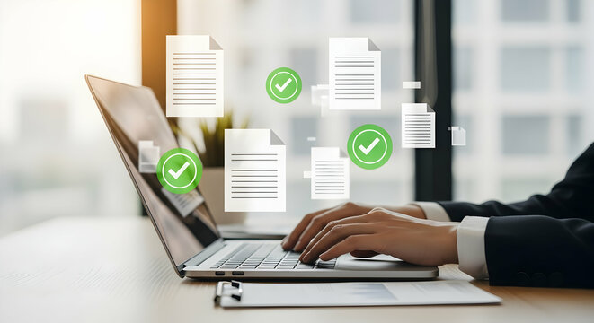 Preparation of documents. Documents and checkmark. Compliance and documentation. Hands typing on laptop computer keyboard. Businessman working at desk in office