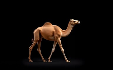 A single brown camel walking to the right with a black background in a studio shot on a sunny day. High quality