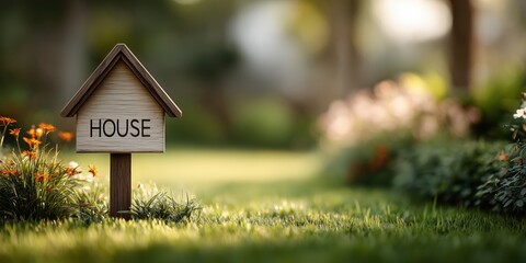 Wooden House-Shaped Open House Sign on Green Grass, Blurred Flowers and Modern Background


