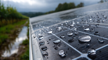Close up view of solar panels covered in water droplets after rain, showcasing reflective surface and surrounding greenery