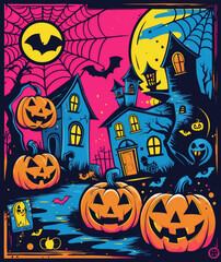 Colorful Halloween night with glowing pumpkins and spooky houses in a vibrant, whimsical landscape