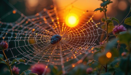 Spider web glistening with dew at sunrise in nature scene