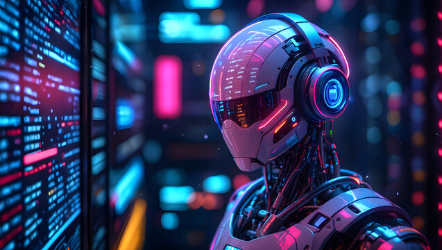 Humanoid robot wearing headphones in a data center environment for artificial intelligence processing and machine learning automation