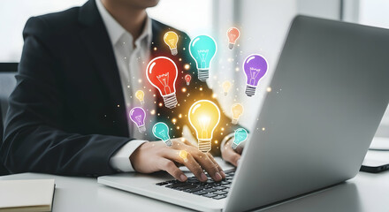 AI-powered brainstorming. Artificial intelligence generating ideas. Intelligent automation and collaboration. Businessman using laptop computer to create ideas and solutions