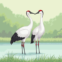 Duo of cranes standing together by the serene water in the wetland  
