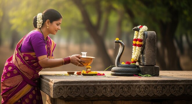 Devotee Offering Milk to Snake Idol &ndash; Rural Naag Panchami Scene