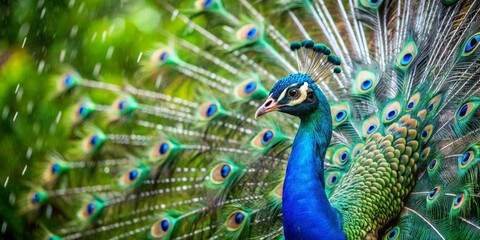 Obraz premium A Majestic Peacock Displays its Vibrant Plumage in a Gentle Rain Shower, a Symphony of Blues, Greens, and Iridescent Eyespots