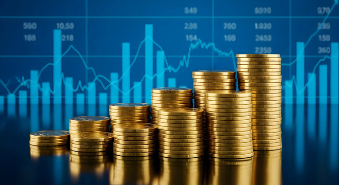 Investment strategy and price movements. Stacked coins and graphs.