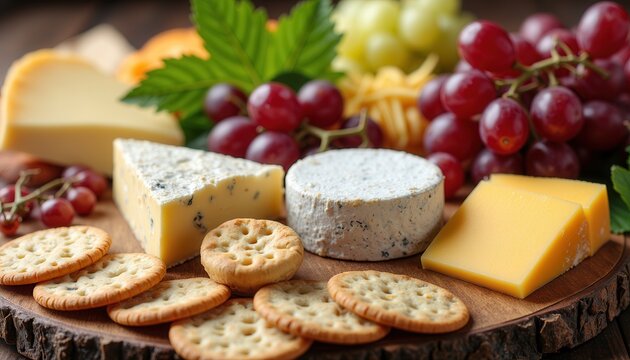 Cheese platter with assorted fruits crackers