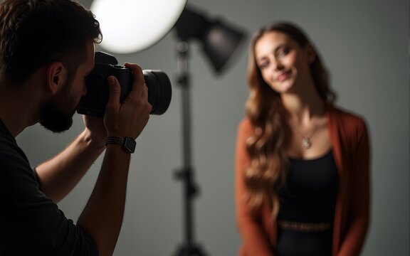 Photographer taking portrait of young beautiful woman in photostudio, focus on working digital camera during photoshoot. High quality