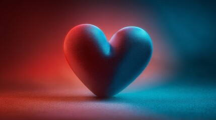Fototapeta premium a surreal, heart symbol ,barely visible through vibrant cool-toned gradients, glowing red and deep blue background, soft cyan blending, soft focus, tranquil and mysterious mood