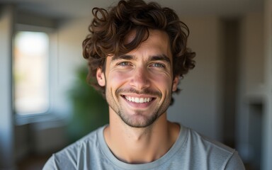 Photo people and lifestyle concept. Indoor shot of positive handsome young caucasian man with voluminous hair. An indoor portrait of a person smiling and looking at the camera, wearing casual clothing