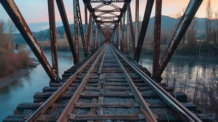 A steel truss bridge spanning a wide river. The tracks vanish into the distant hills.